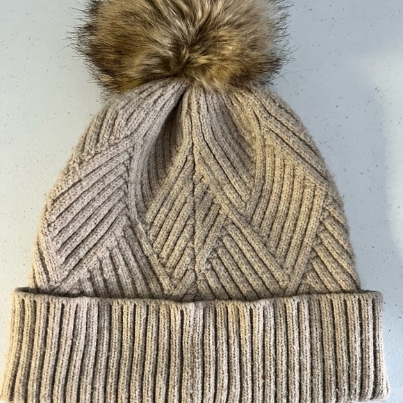 C.C Exclusives Beige Knit Beanie with Faux Fur Pom - Picture 3 of 5